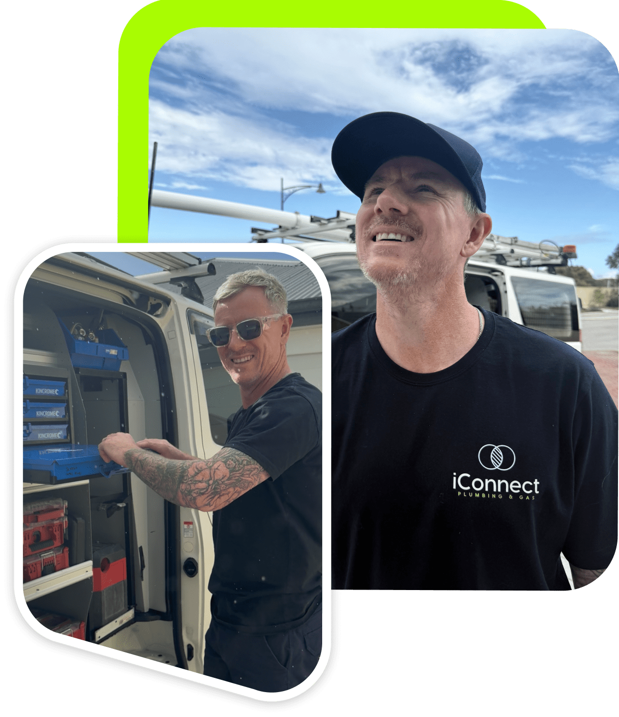 The company director and a licensed plumber in front of the company van ready for residential plumbing services.