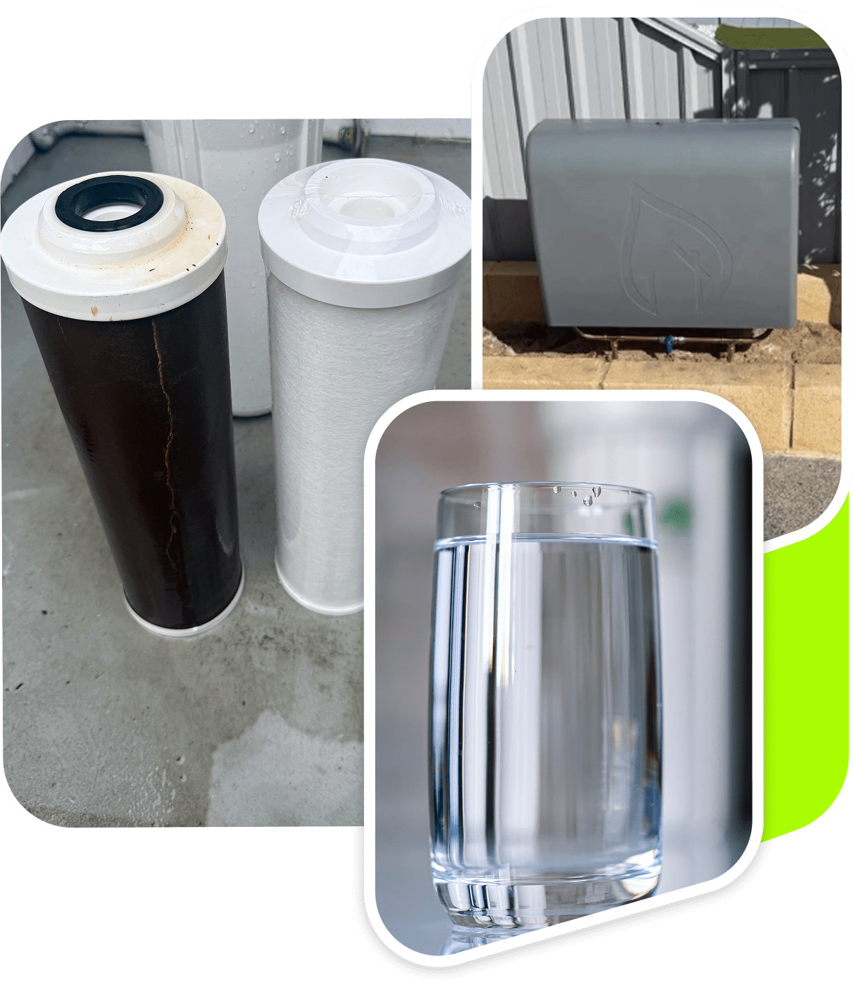 2 water filters, a glass of filtered water and a full property filtration system.