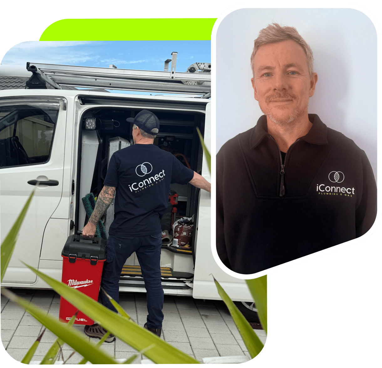 A portrait of the company director and a licensed plumber in front of the company van ready for residential plumbing services.