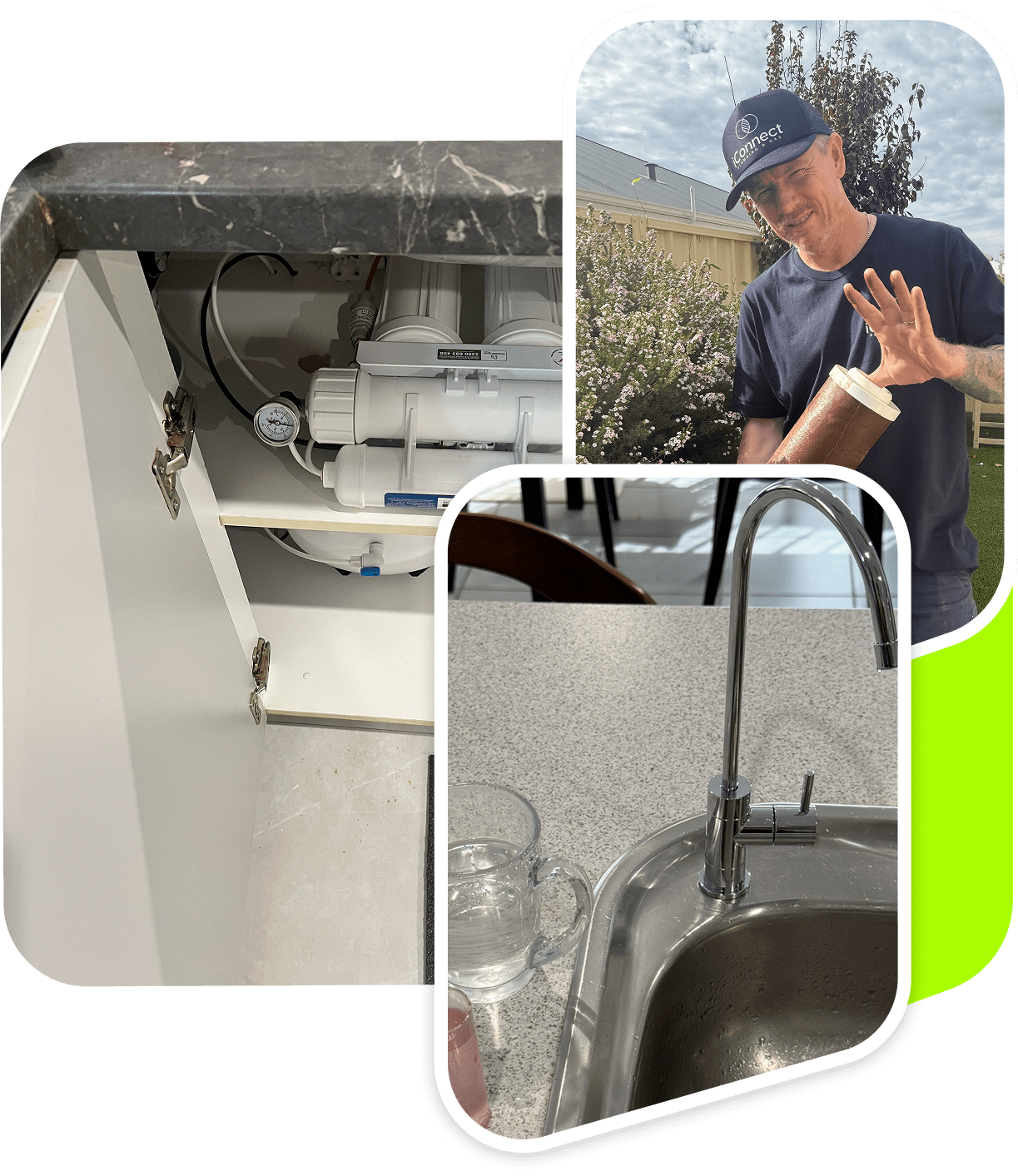 An under the sink water filter system, the sink and tap and a licensed plumber with a used water filter.