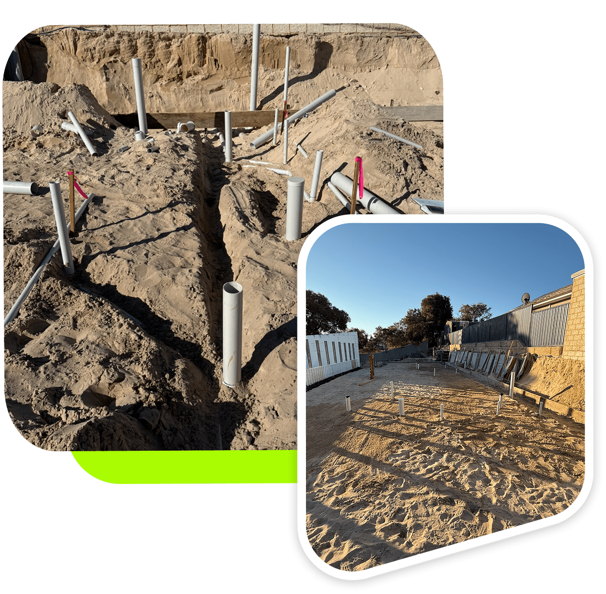 Plumbing pipework being laid in the ground ready for a new construction build.