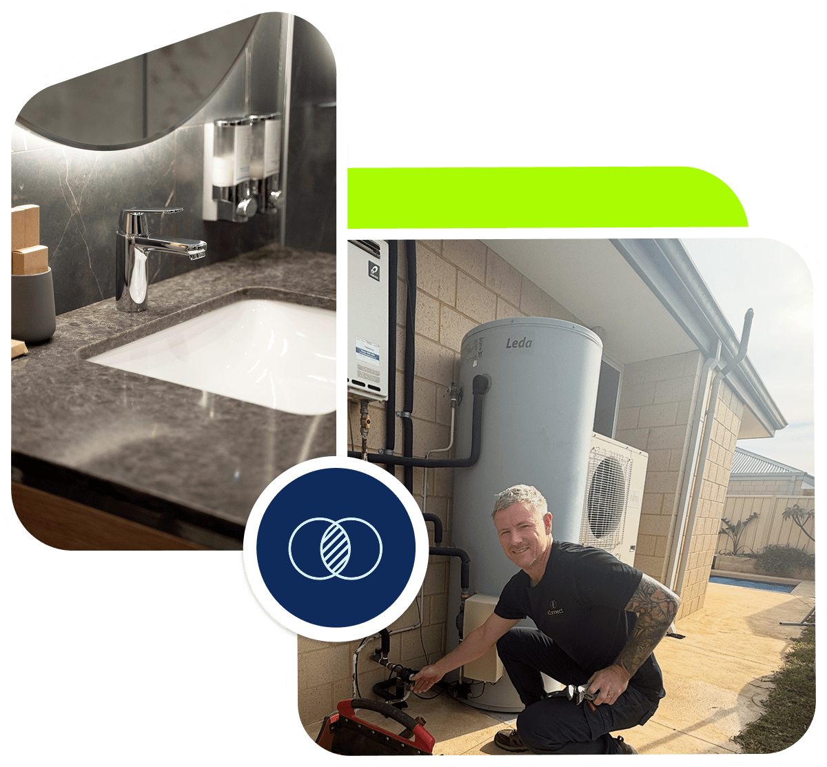 A licensed plumber performing residential plumbing on a hot water system, as well as a bathroom vanity.