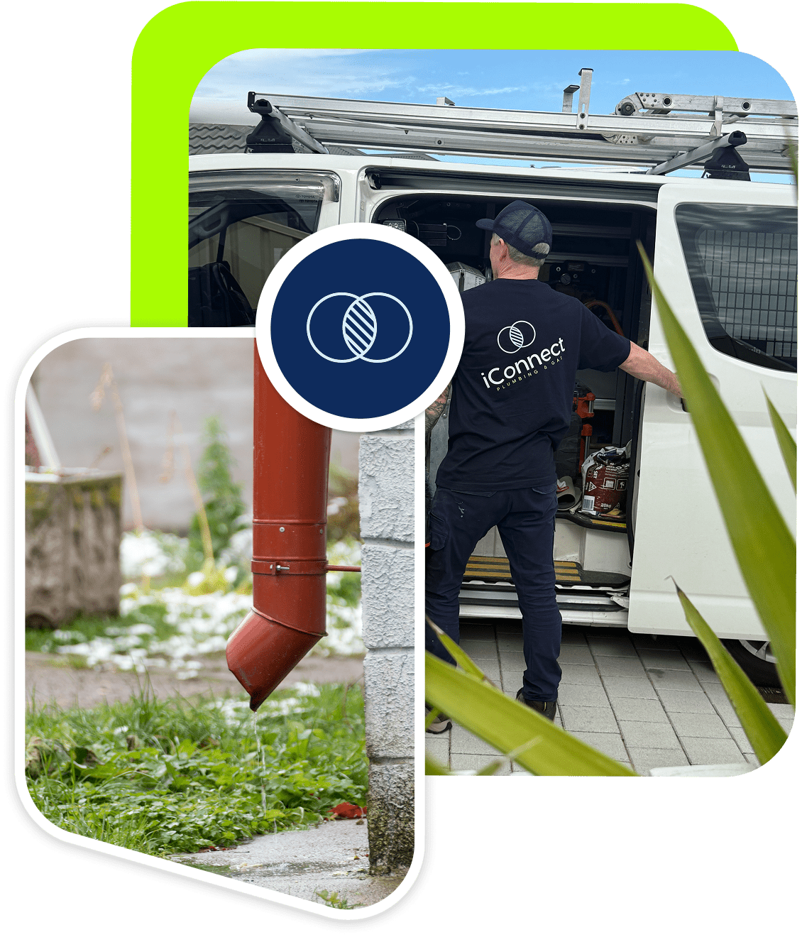 A rainwater downpipe and a licensed electrician in front of the company van ready to clear some blocked drains Perth.